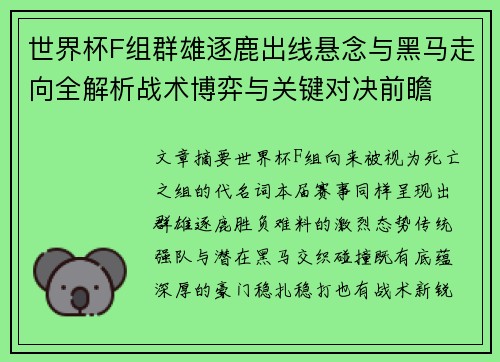 世界杯F组群雄逐鹿出线悬念与黑马走向全解析战术博弈与关键对决前瞻